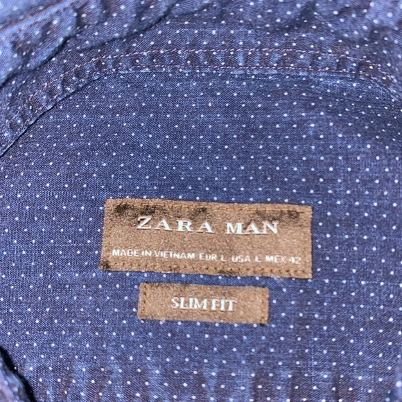 ZARA MAN Slim fit navy with white tiny polka dots long sleeve button up size L - Picture 5 of 9